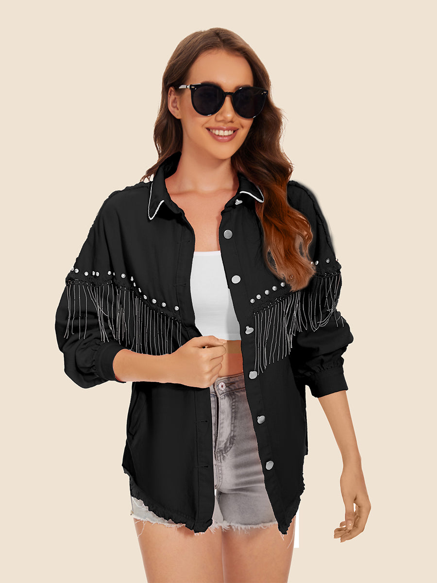 Raw Hem Fringe Detail Denim Jacket Black - Fashorio