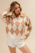 BiBi Diamond Pattern Collared Notch Neck Sweater - Fashorio