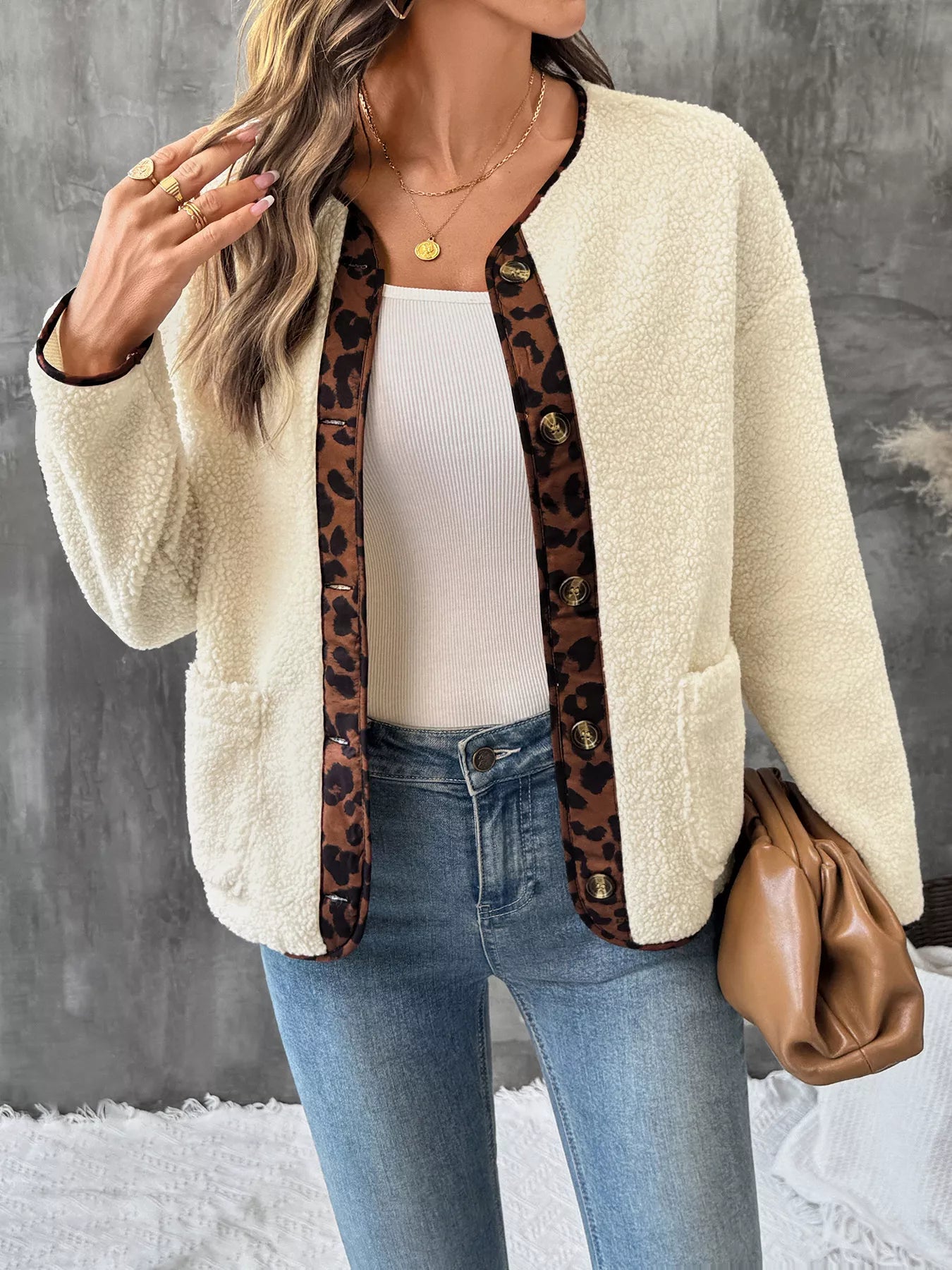 Women’s Button Up Jacket with Leopard Trim Detail - Fashorio