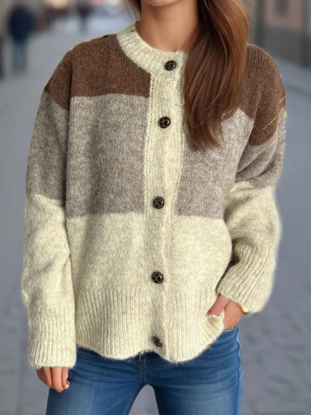 Color Block Round Neck Button Up Cardigan - Fashorio