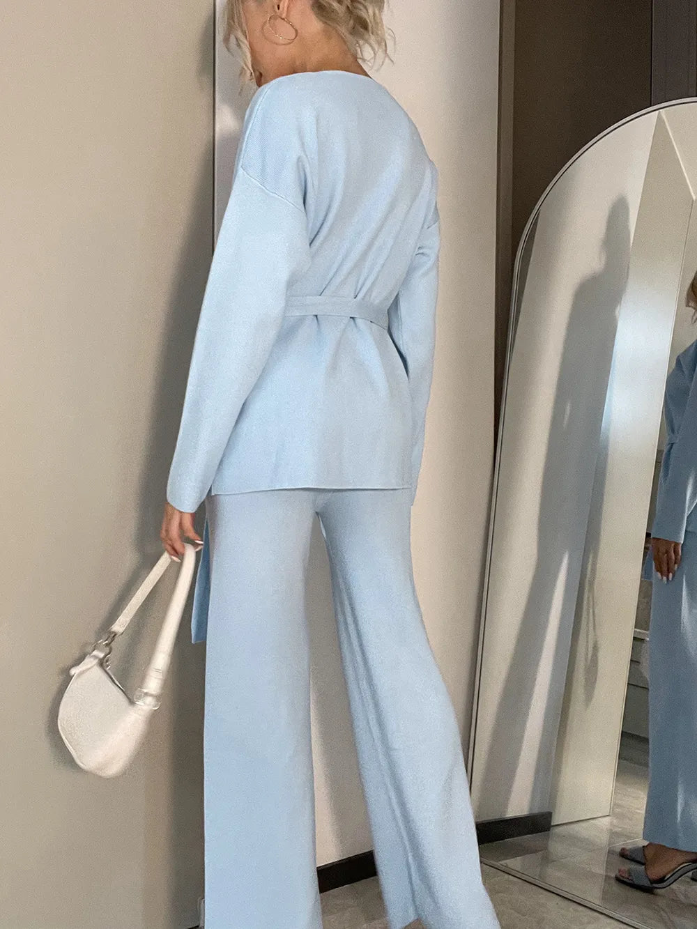 V-Neck Long Sleeve Top and Drawstring Pants Sweater Set - Fashorio