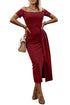 Off-Shoulder Short Sleeve Split Dress Deep Red - Fashorio