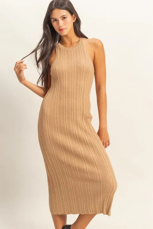 HYFVE Round Neck Bodycon Ribbed Knit Dress DARK TAUPE - Fashorio