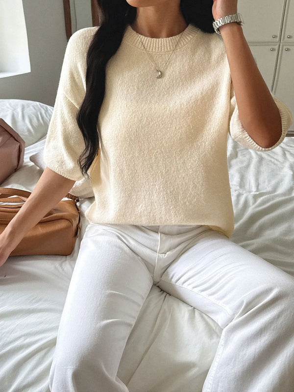 Ribbed Hem Round Neck Sweater Camel - Fashorio