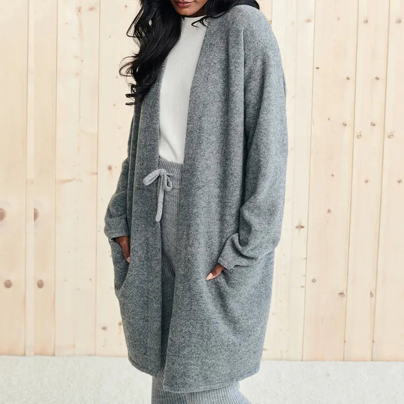 Open Front Long Sleeve Cardigan with Pockets Gray - Fashorio