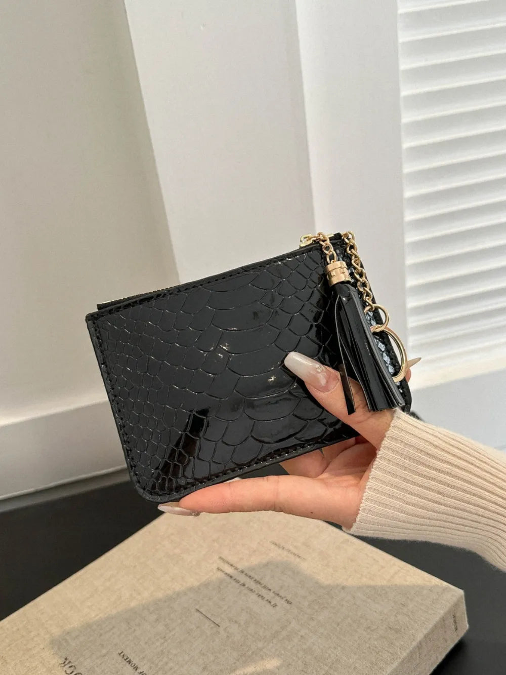 PU Leather Tassel Trim Card Case Black One Size - Fashorio