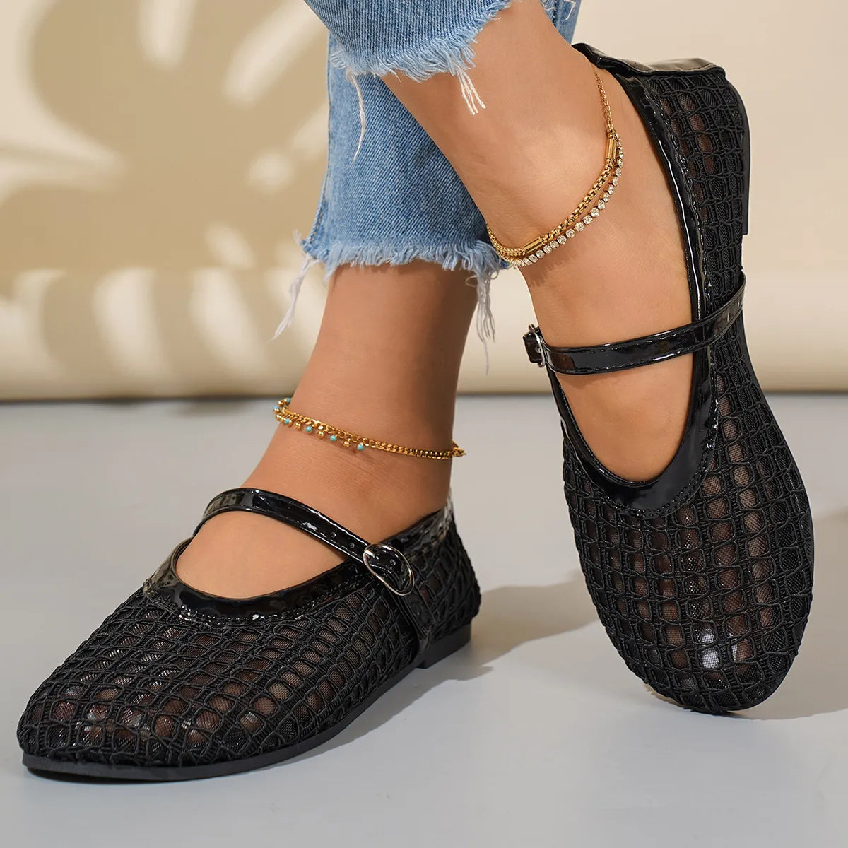 Woven Mesh Mary Jane Sandals with Buckle Strap - Fashorio