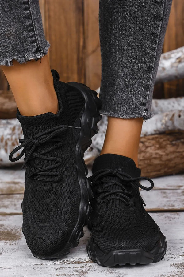 Mesh Lace-Up Round Toe Athletic Black - Fashorio
