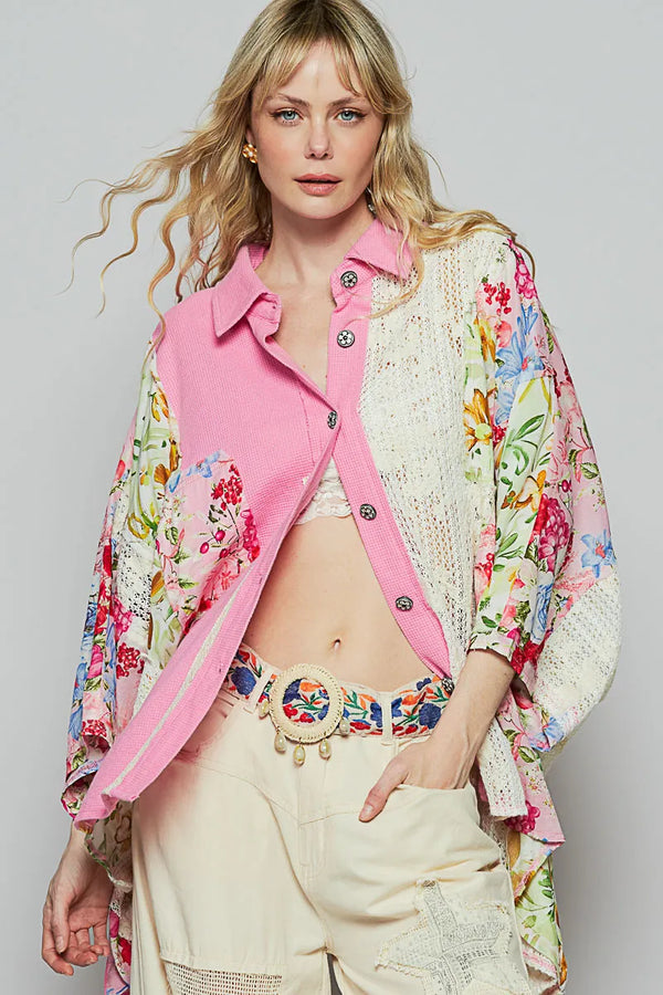 POL Thermal and Crochet Lace Mix Shirt with Floral Pattern CANDY PINK - Fashorio