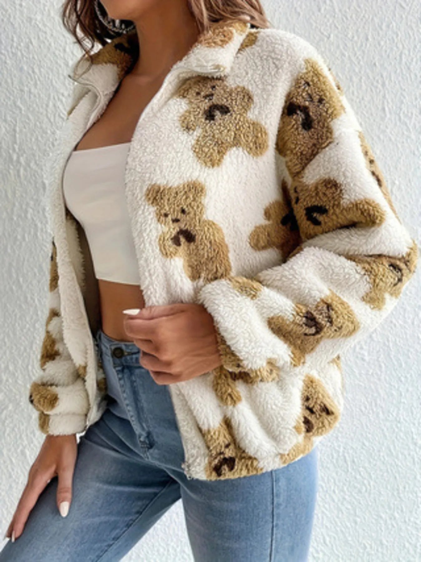 Bear Print Fleece Zip Up Outerwear - Fashorio