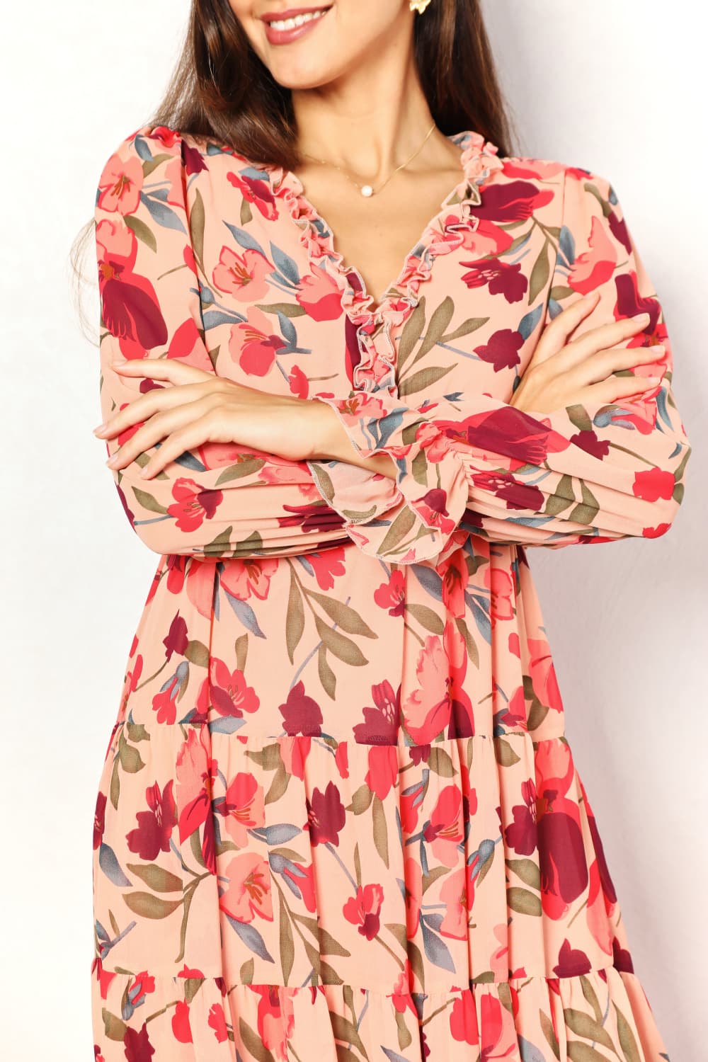 Double Take Floral Frill Trim Flounce Sleeve Plunge Maxi Dress - Fashorio