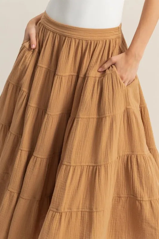 HYFVE Double Gauze Tiered Midi Skirt with Pockets - Fashorio