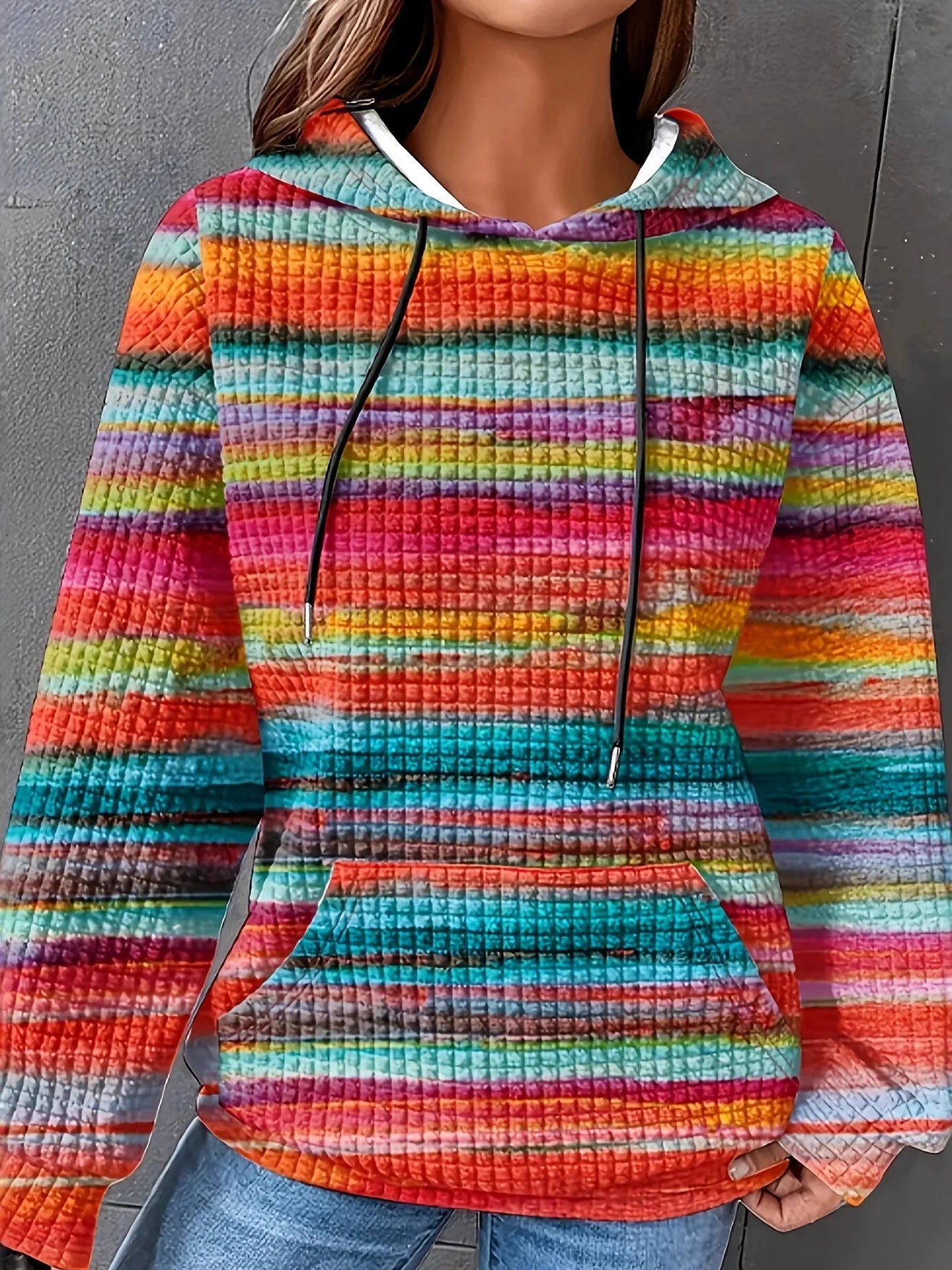 Drawstring Striped Kangaroo Pocket Hoodie Orange-red - Fashorio