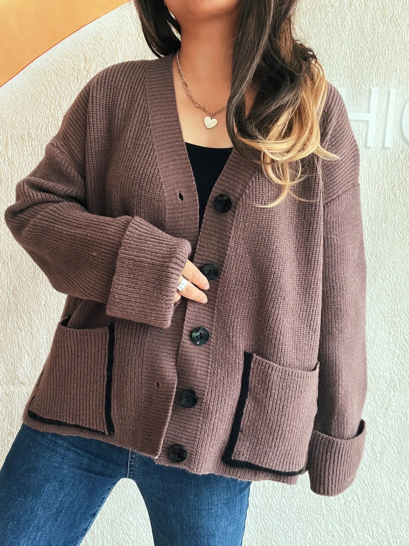 Button-Front Ribbed Cardigan with V-Neck - Fashorio