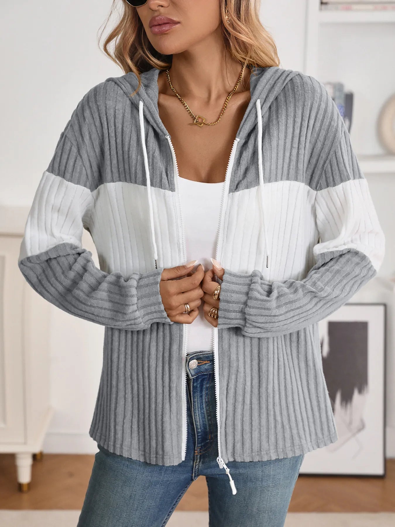 Drawstring Color Block Zip Up Outerwear - Fashorio