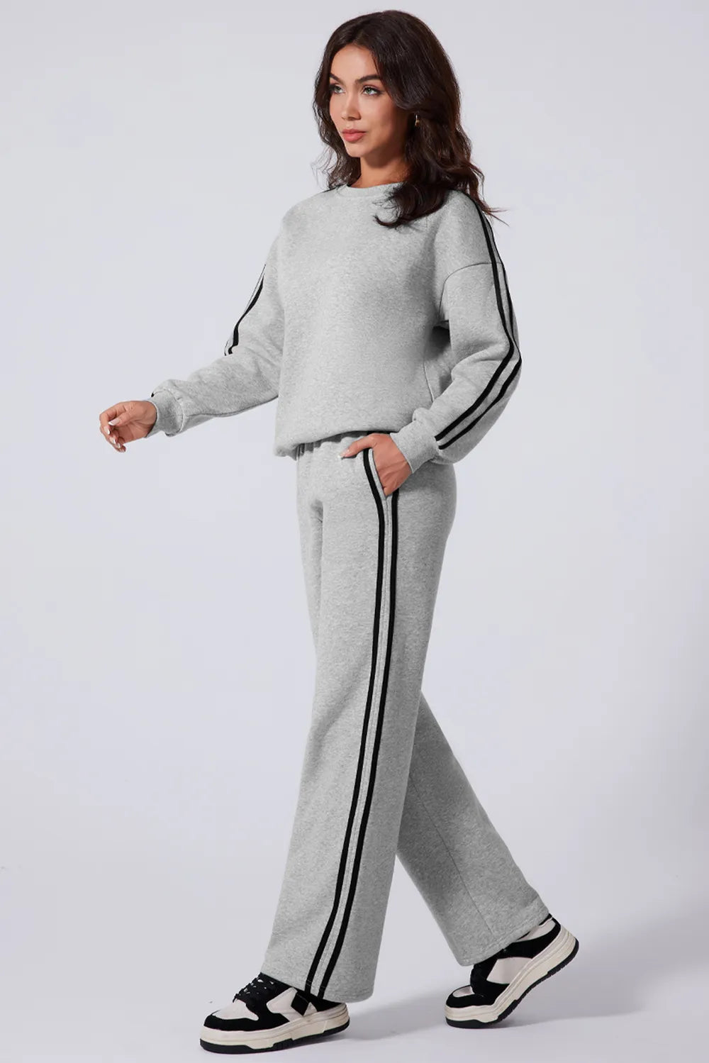 Side Striped Round Neck Top and Pants Active Set - Fashorio