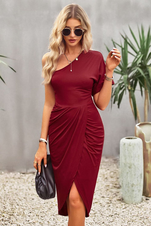 Devine Ruched One-Shoulder Tulip Hem Dress - Fashorio