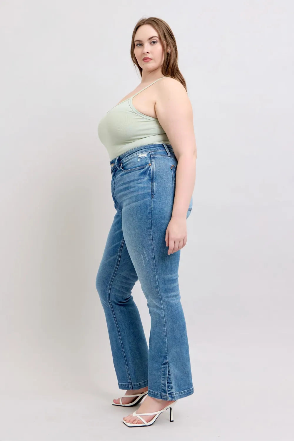 Judy Blue HW Tummy Control Vintage Wash Side Slit Slim Boot Jeans - Fashorio