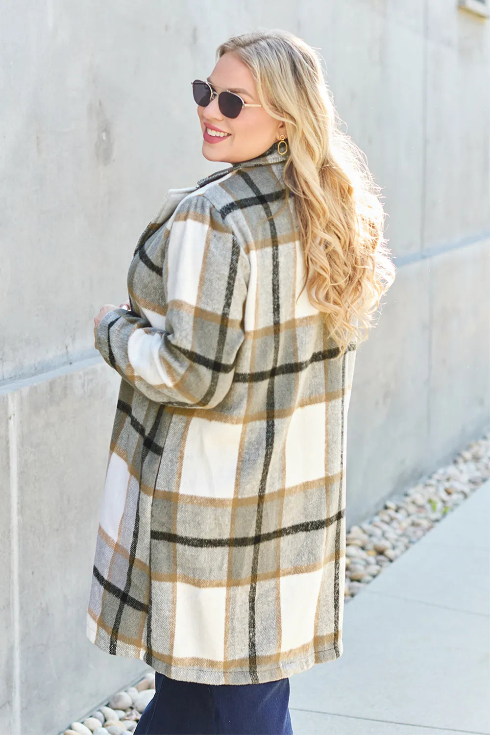 Double Take Full Size Plaid Button Up Lapel Collar Coat - Fashorio