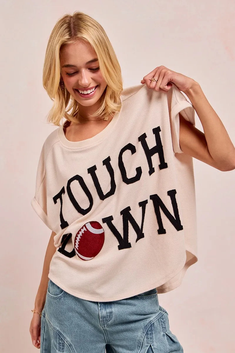 BiBi Game Day Touchdown Letter Patches Waffle Short Top - Fashorio