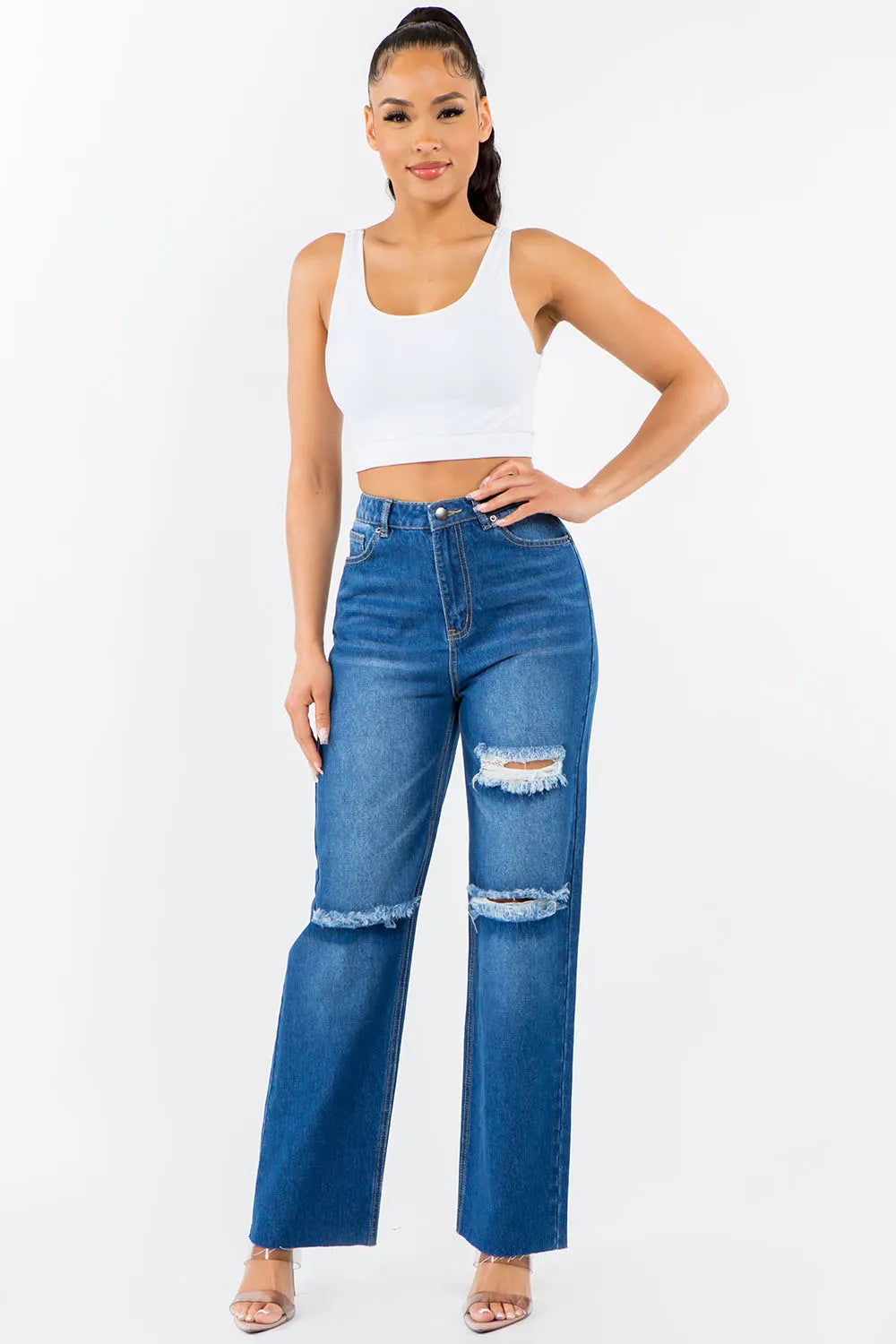 American Bazi High Waist Distressed Wide Leg Jeans - Fashorio