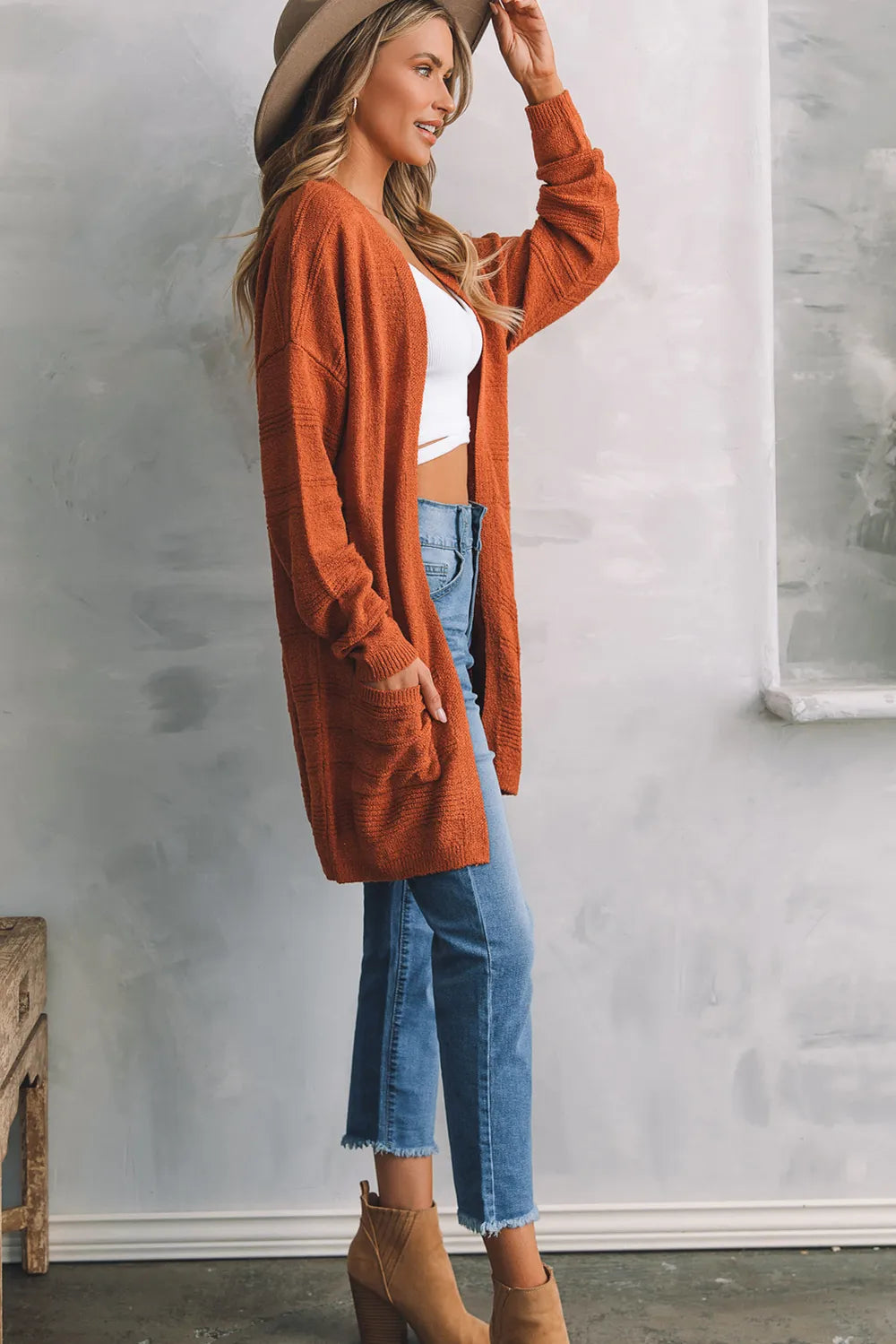 Open Front Textured Cardigan with Pockets - Fashorio