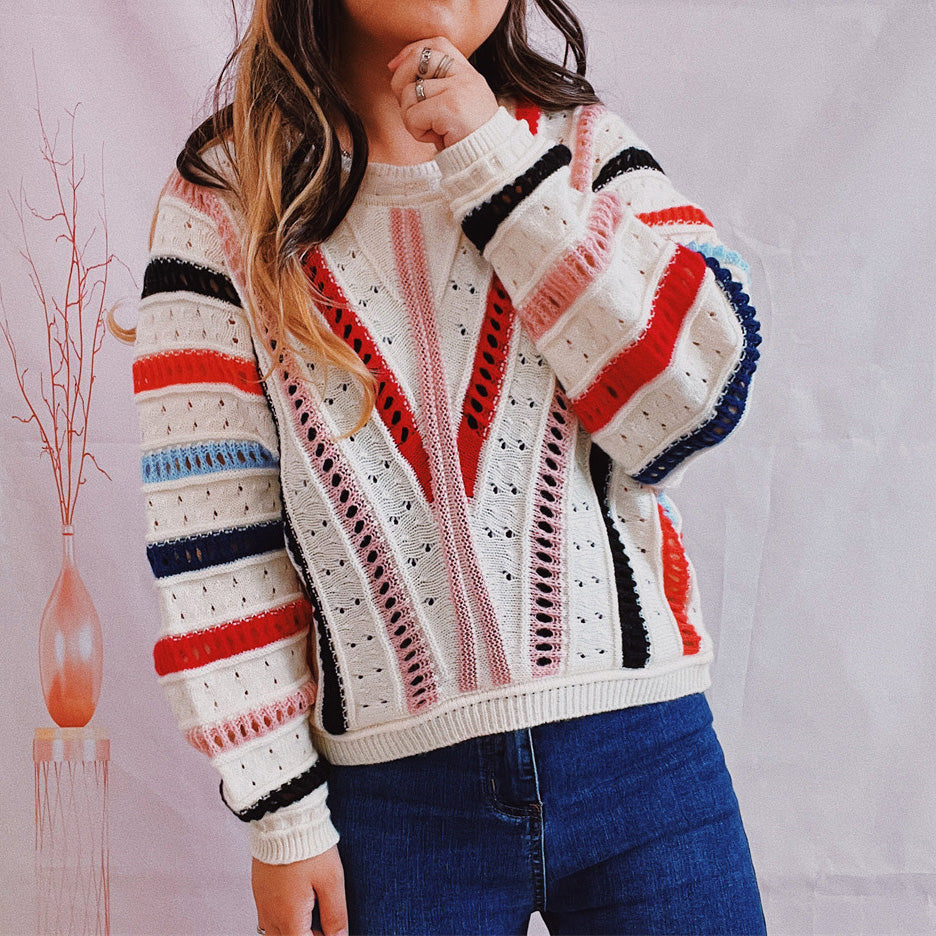 Striped Openwork Round Neck Sweater - Fashorio
