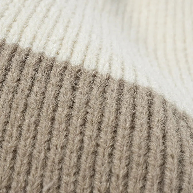 Color Block Knit Hat with Pom-pom - Fashorio