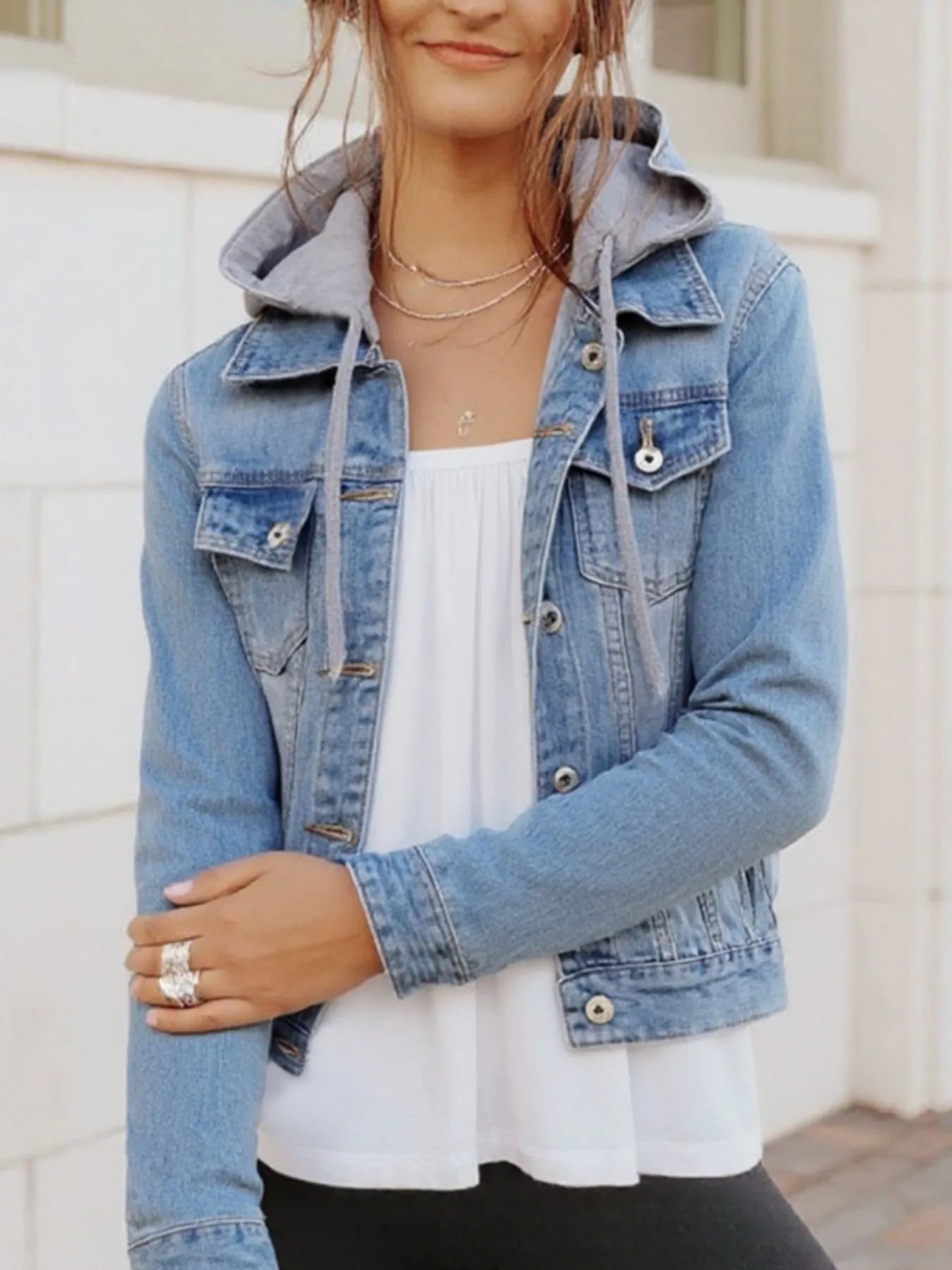 Full Size Button Up Drawstring Hooded Denim Jacket Plus Size Light Blue - Fashorio