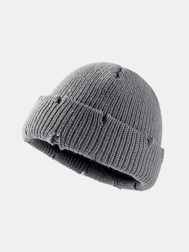 Distressed Cuffed Knit Hat Gray One Size - Fashorio