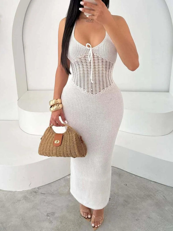 Openwork Halter Neck Sweater Maxi Dress White - Fashorio