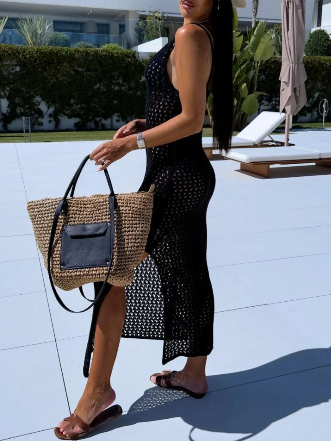 Openwork Slit Scoop Neck Sweater Dress - Fashorio