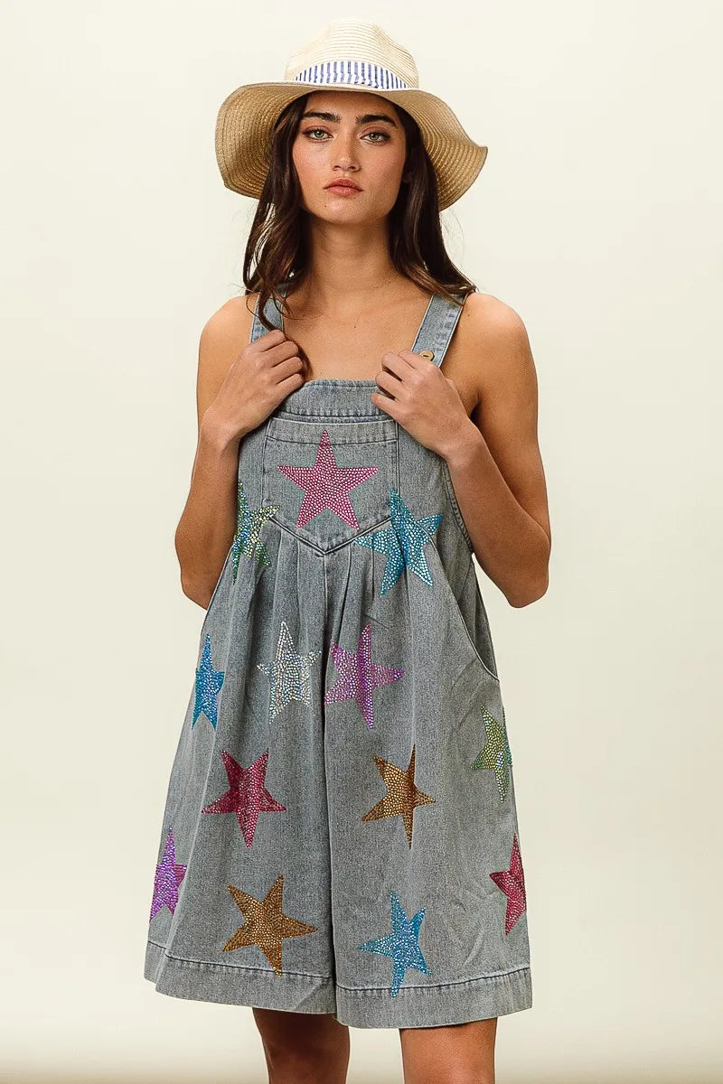BiBi Star Rhinestone Washed Wide Leg Shortalls - Fashorio