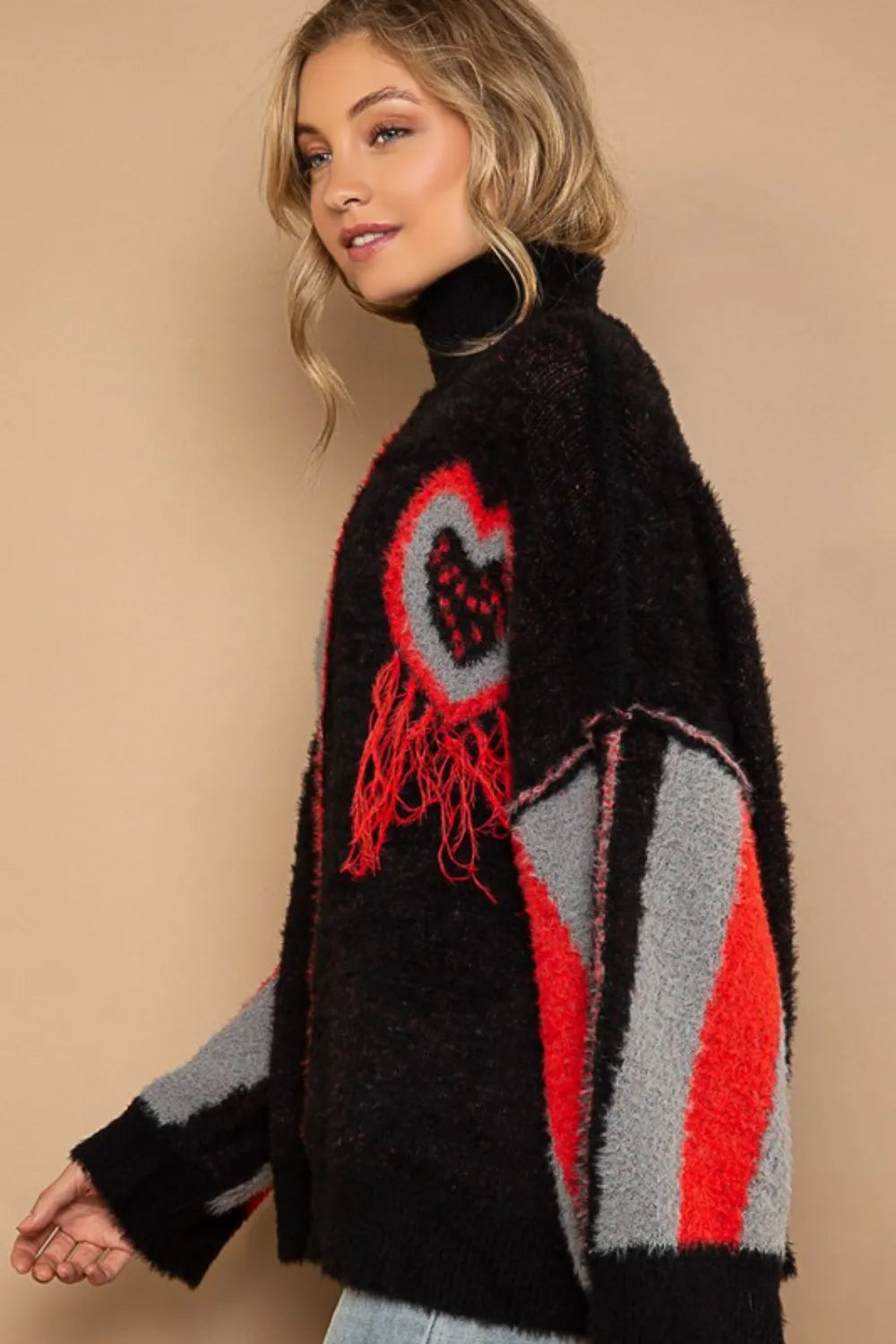 POL Turtleneck Color Block Fringe Detail Sweater - Fashorio