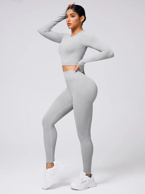Back Crisscross Round Neck Long Sleeve Top and Leggings Active Set - Fashorio