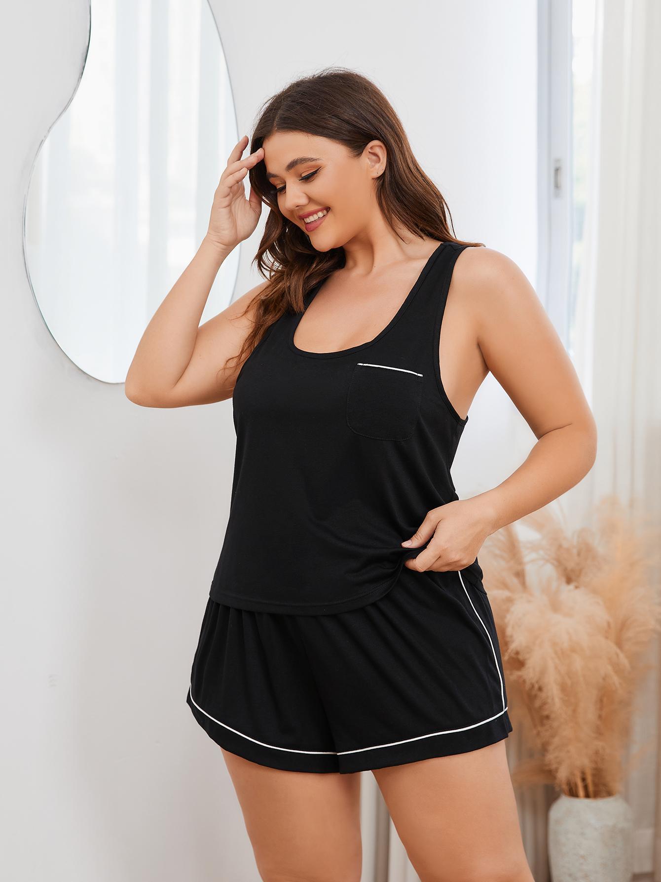 Plus Size Contrast Piping Racerback Tank and Shorts Lounge Set - Fashorio