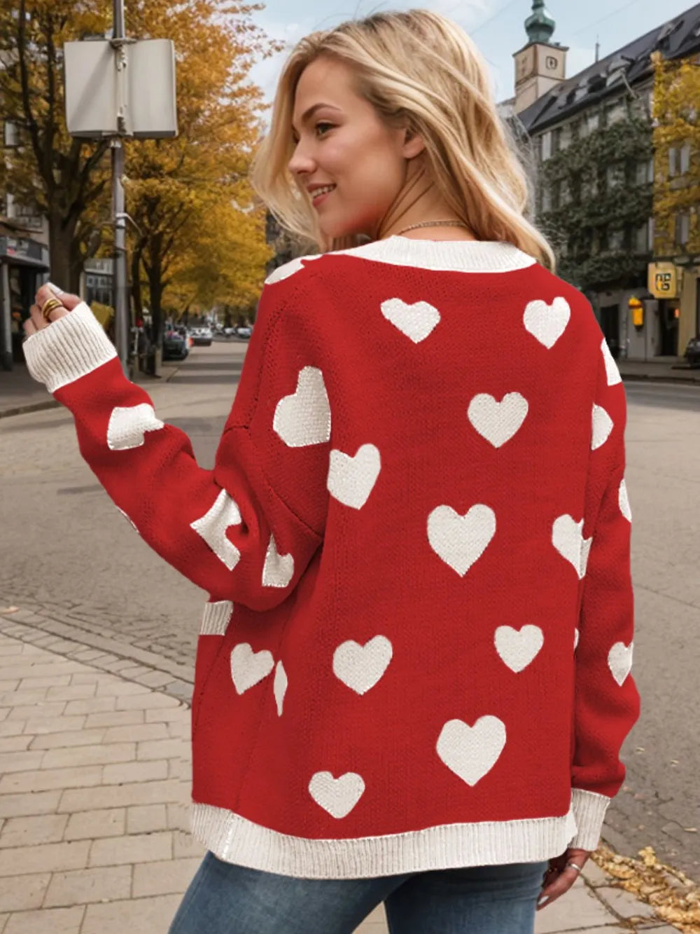 Heart Button Up Dropped Shoulder Long Sleeve Cardigan - Fashorio