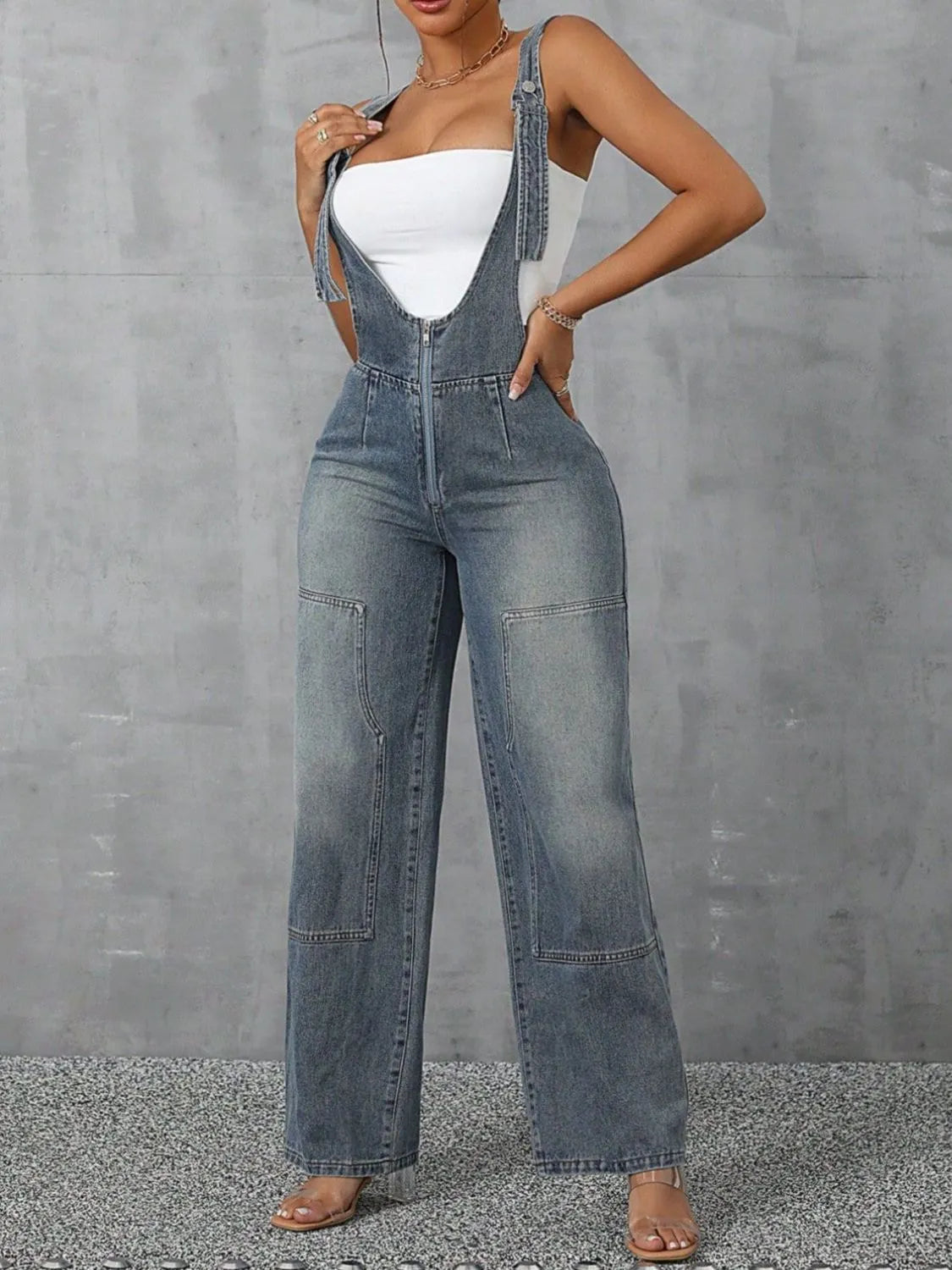 Zip Front Wide Strap Denim Overalls - Fashorio