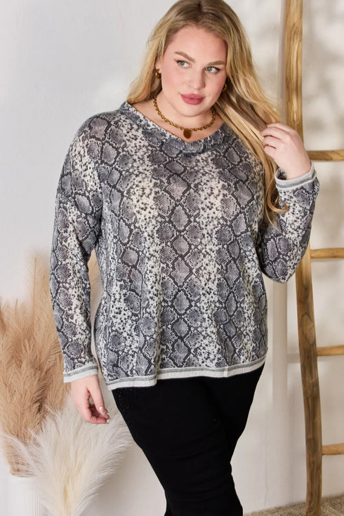 Hailey & Co Full Size Snakeskin V-Neck Long Sleeve Top - Fashorio