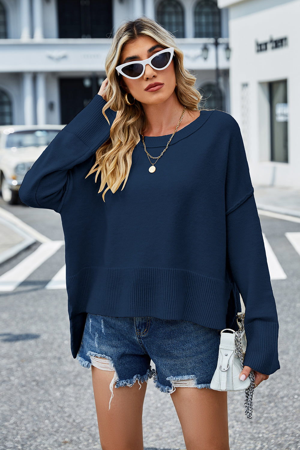 Round Neck Dropped Shoulder Slit Sweater - Fashorio