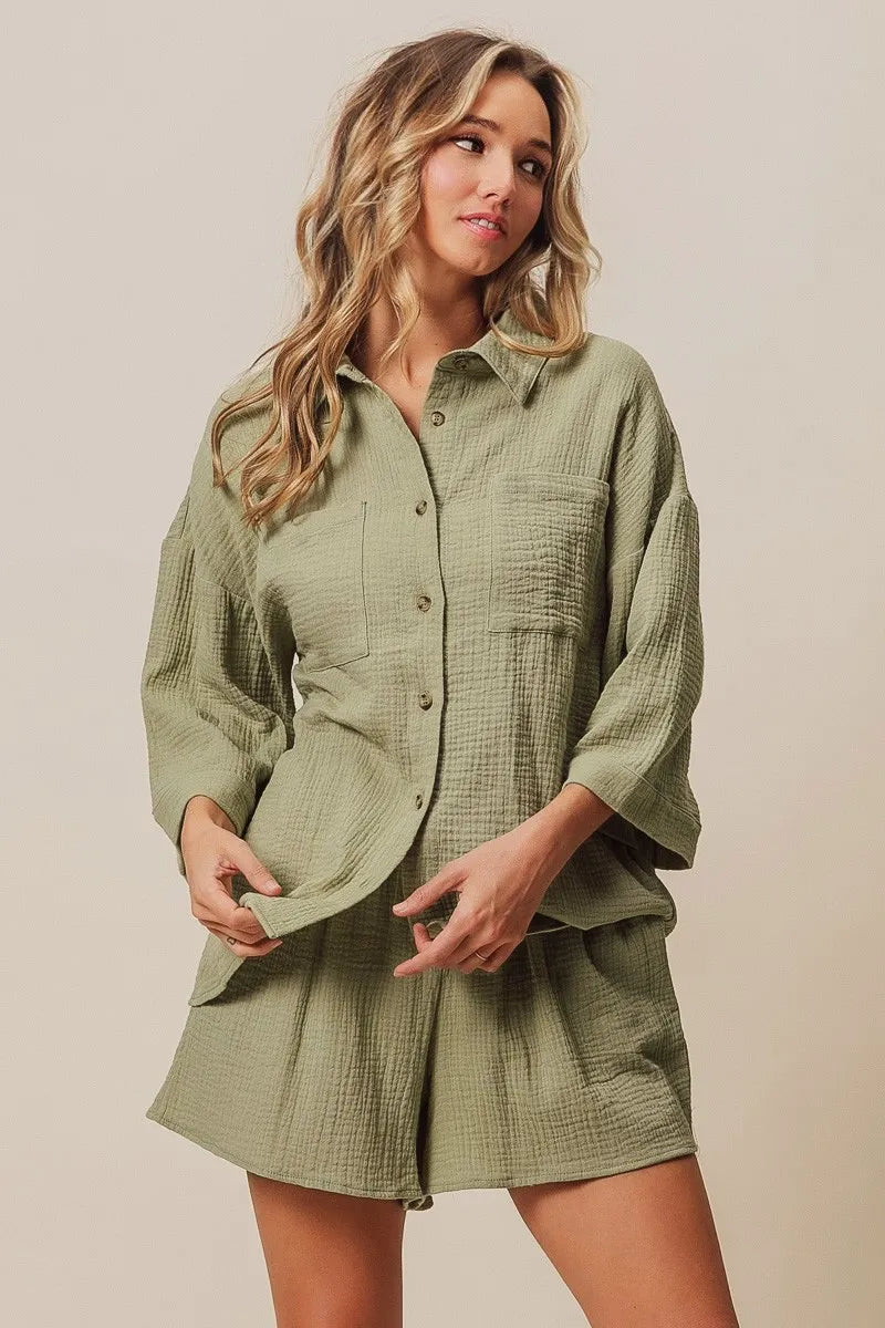 BiBi Crinkle Gauze Shirt and Short Set - Fashorio