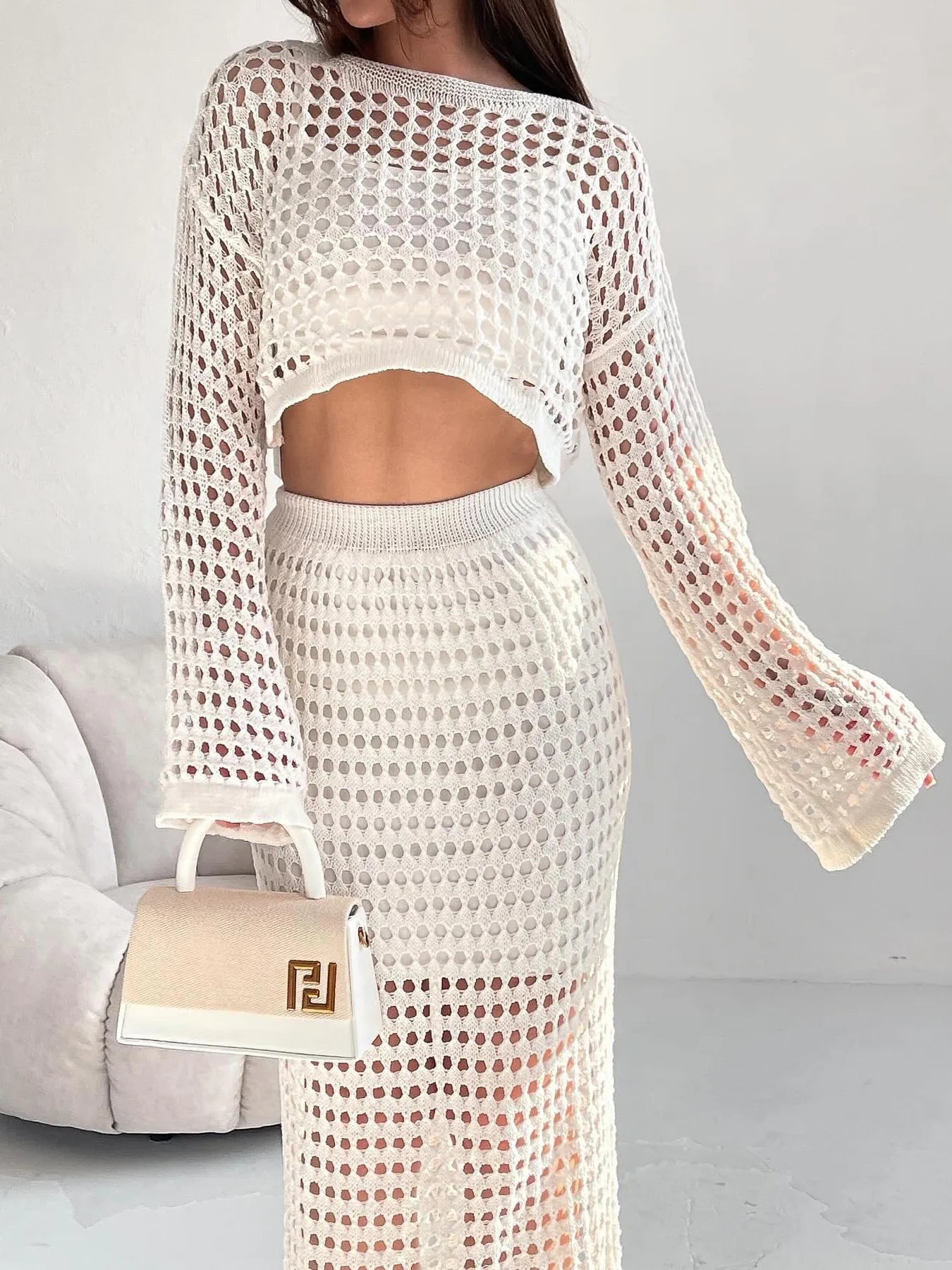 Hollow Out Long Sleeve Top and Skirt Knit Set - Fashorio