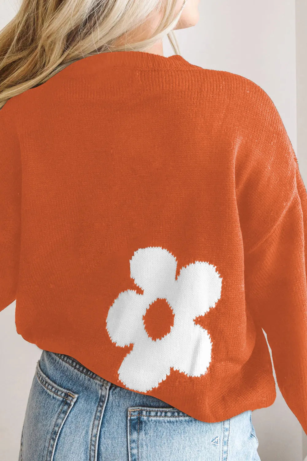 Round Neck Floral Pattern Color Contrast Design Long Sleeve Sweater - Fashorio