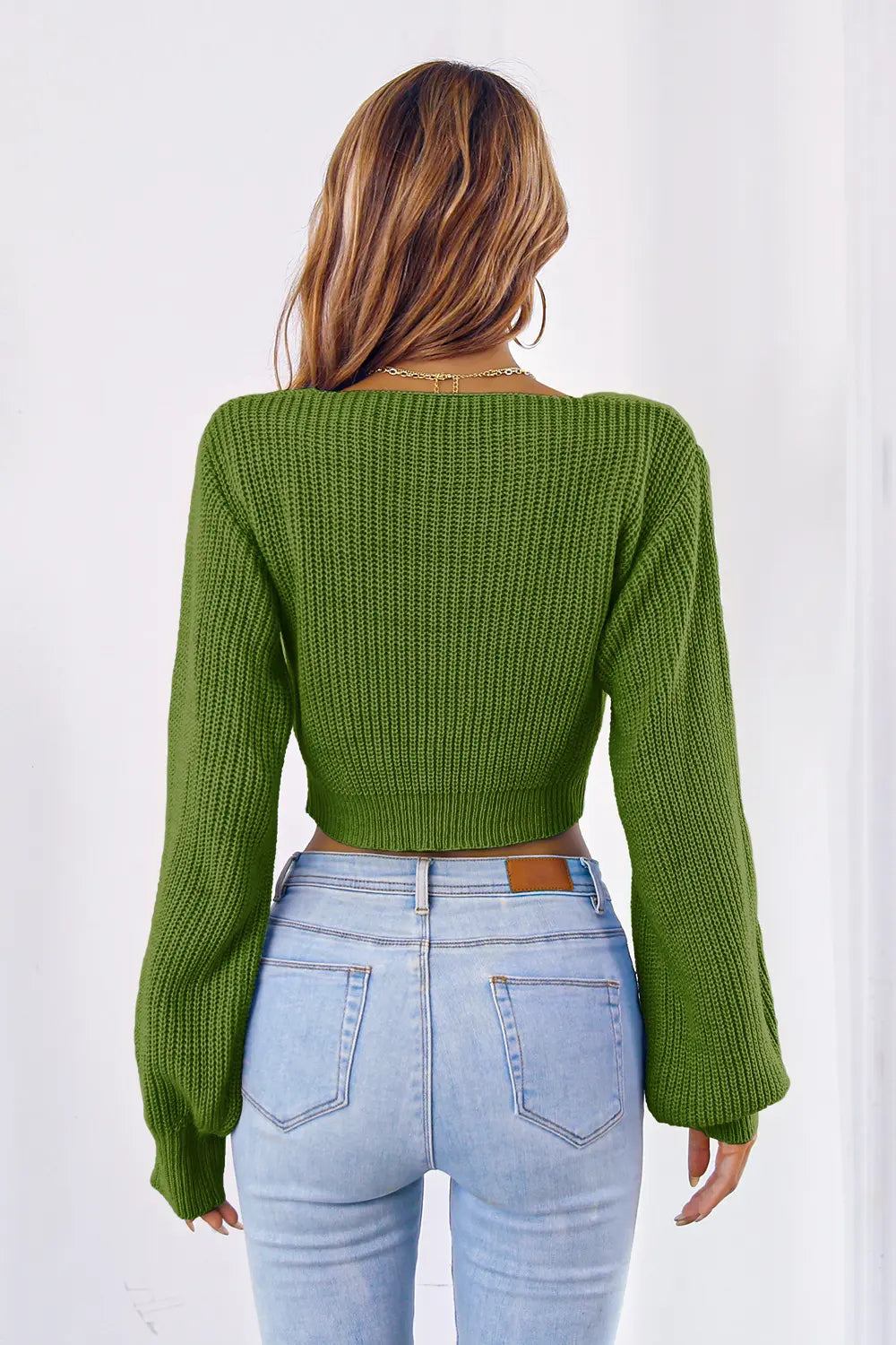 Bow V-Neck Long Sleeve Cropped Sweater - Fashorio