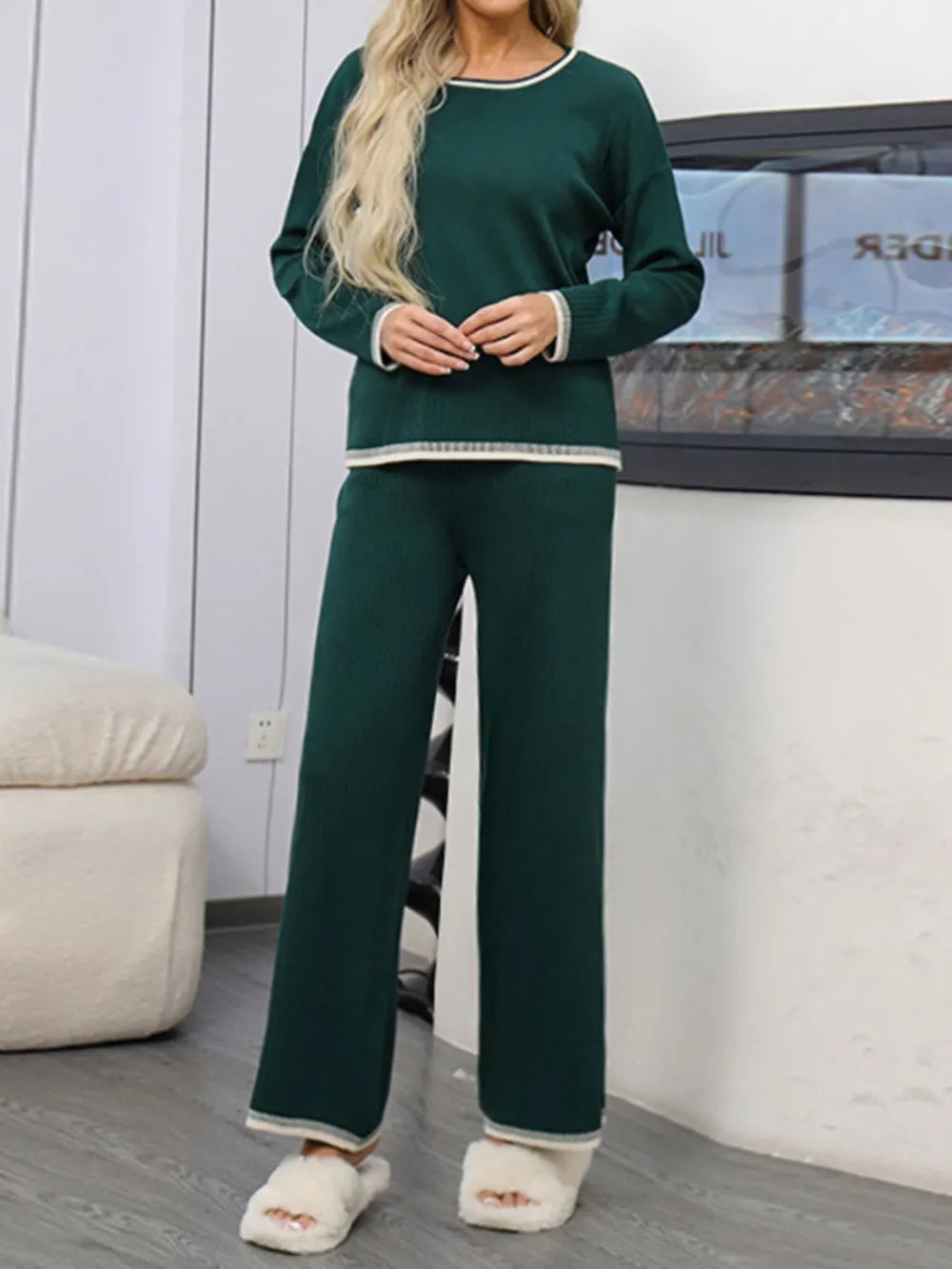 Contrast Trim Round Neck Top and Pants Sweater Set - Fashorio
