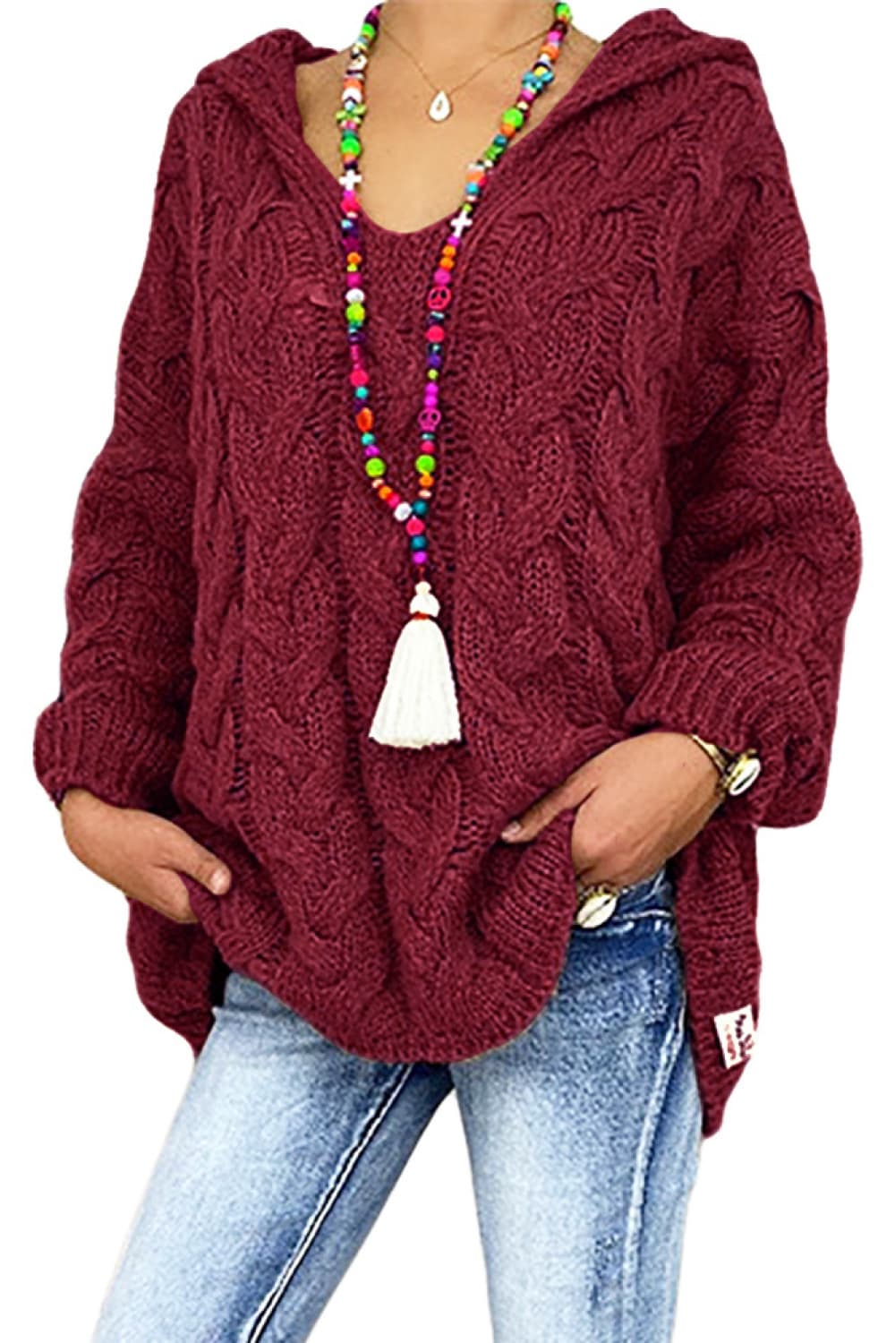 Cable-Knit Hooded Sweater Burgundy - Fashorio