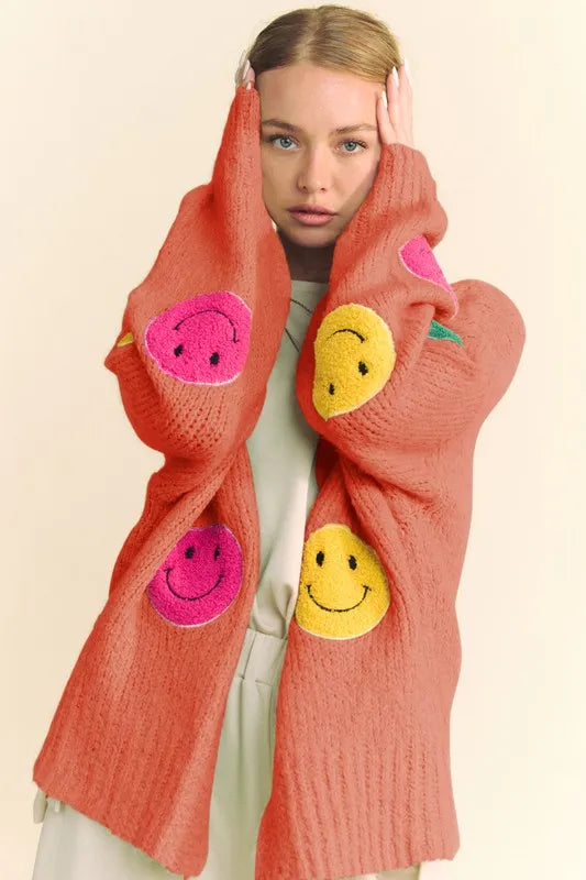 Davi & Dani Fuzzy Smile Open Front Long Sleeve Cardigan Rust - Fashorio