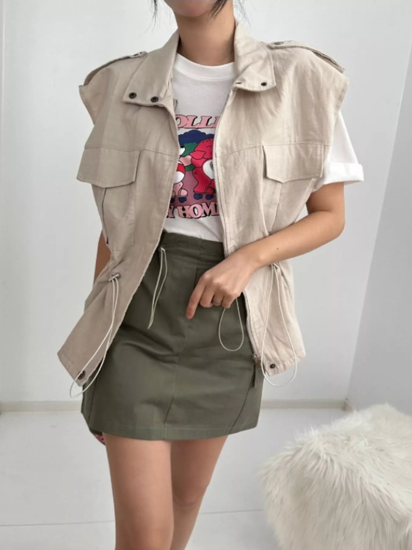 Drawstring Zip Up Vest Coat - Fashorio