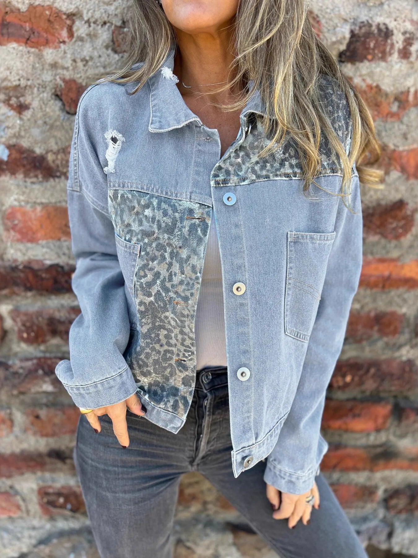 Full Size Leopard Button Up Denim Jacket Plus Size - Fashorio