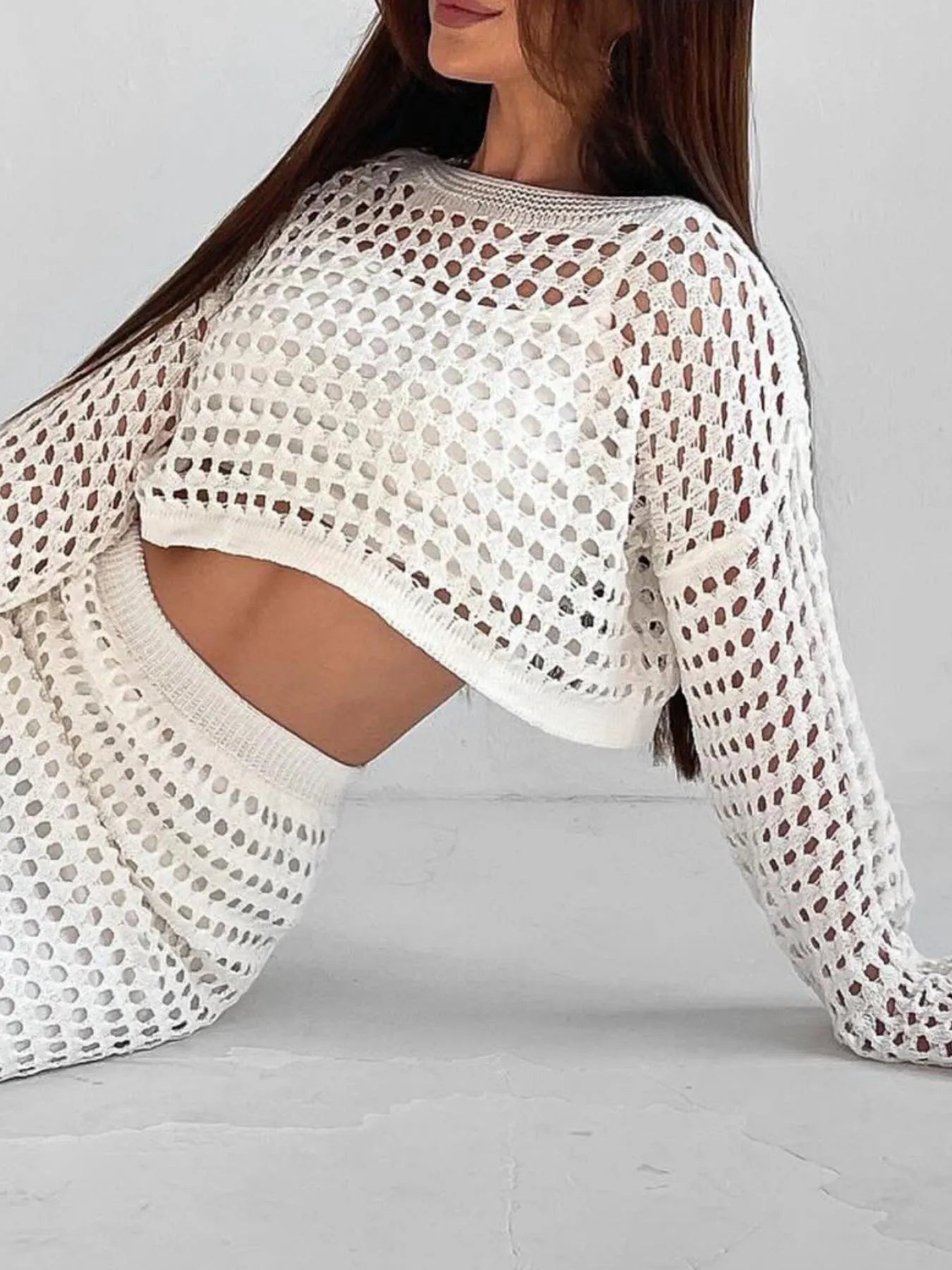 Hollow Out Long Sleeve Top and Skirt Knit Set - Fashorio